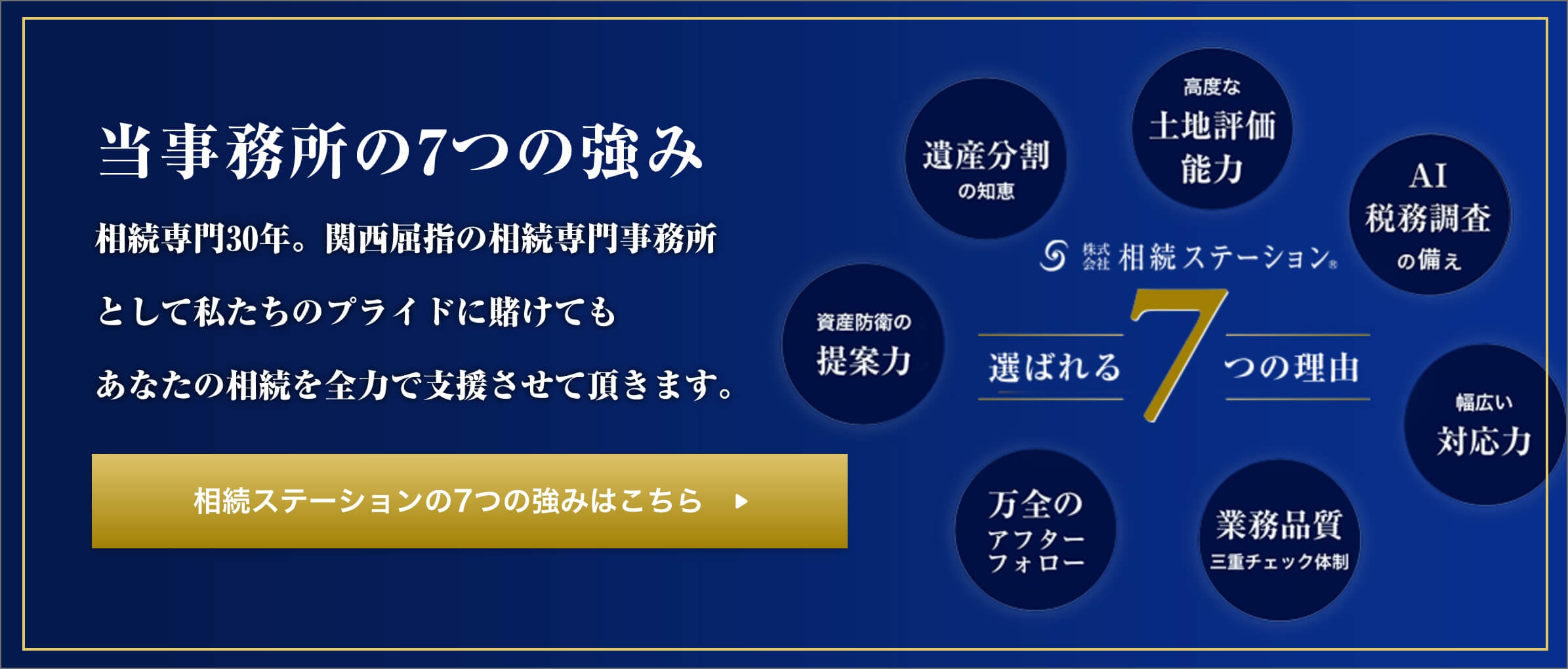 当事務所の7つの強み 相続専門30年。関西トップクラスの相続専門事務所として私たちのプライドに賭けてもあなたの相続を全力で支援させて頂きます。