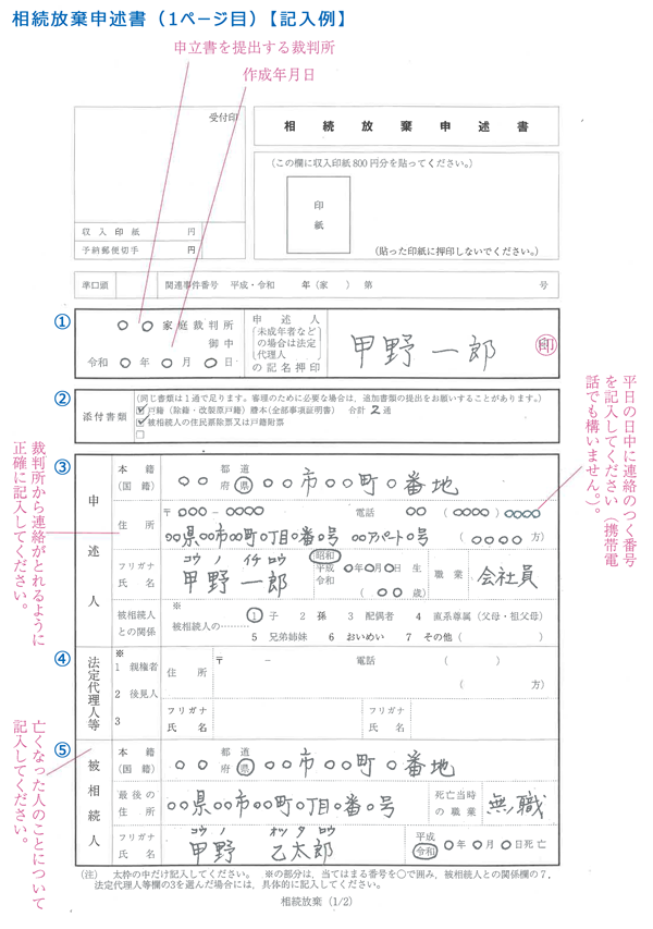 相続放棄申述書（1ページ目）