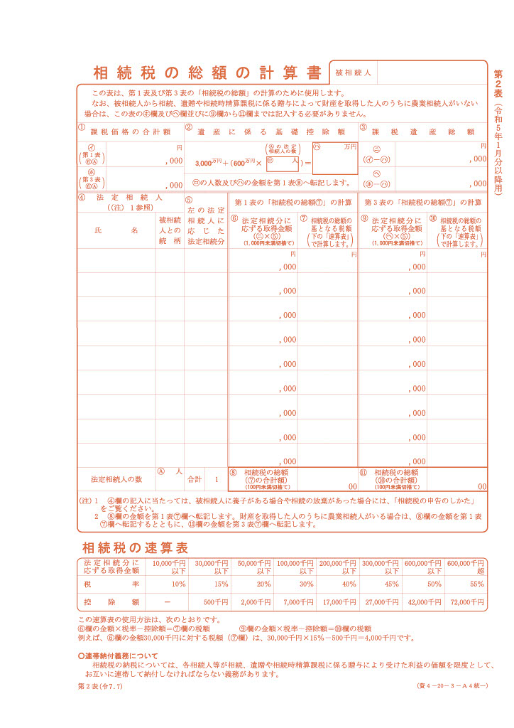 相続税の総額の計算書（第２表）