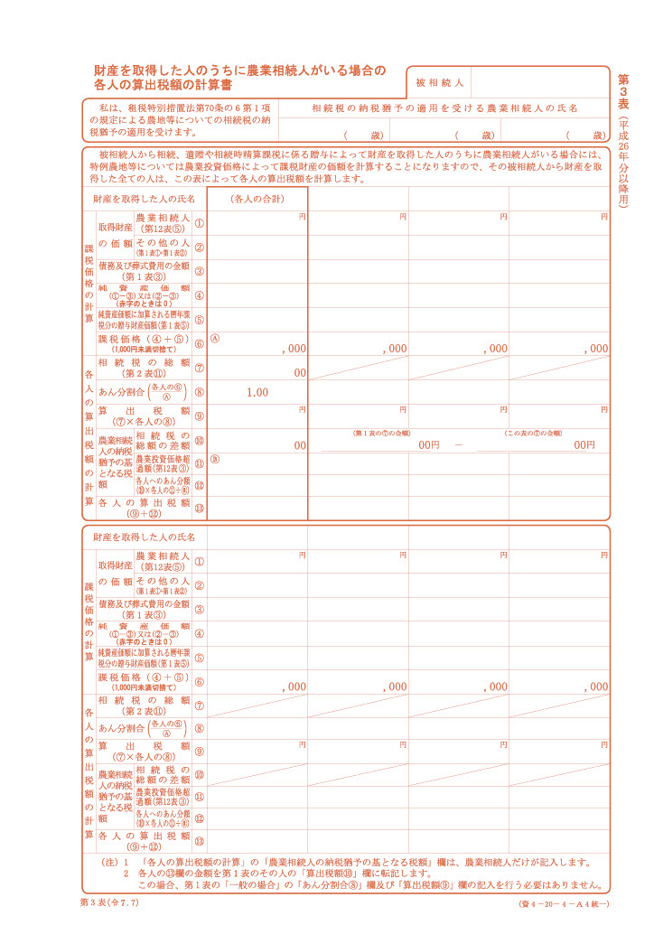 農業相続人がいる場合の各人の算出税額の計算書（第３表）