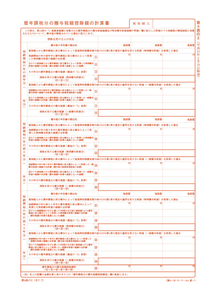 暦年課税分の贈与税額控除額の計算書（第４表の２）