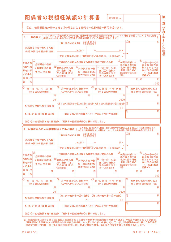 配偶者の税額軽減額の計算書（第５表）