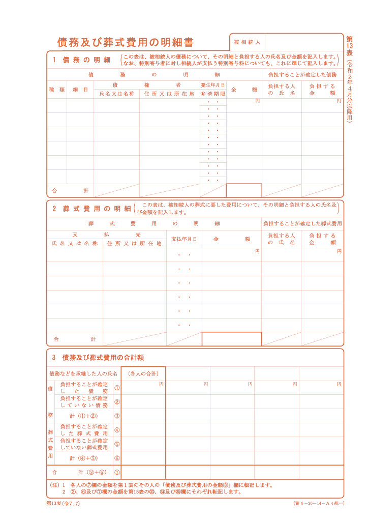 債務及び葬式費用の明細書（第13表）