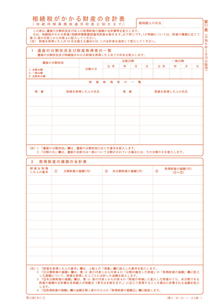 相続税がかかる財産の合計表（第11表）