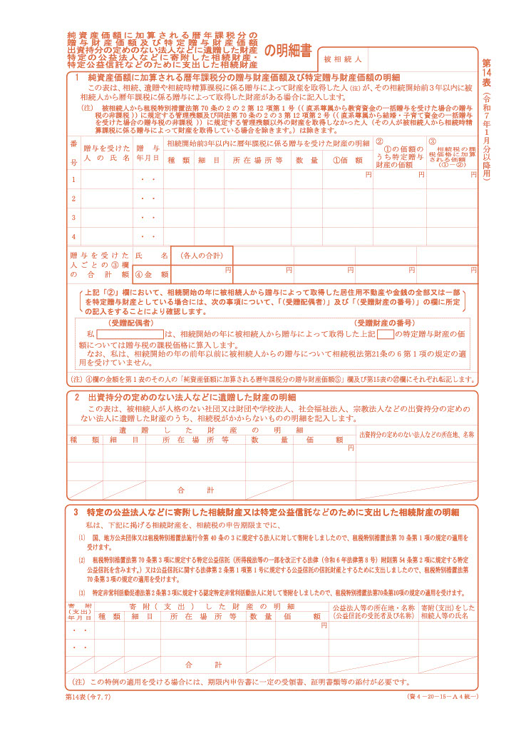 純資産価額に加算される暦年課税分の贈与財産価額・・特定の公益法人などに寄附した相続財産・・の明細書（第14表）