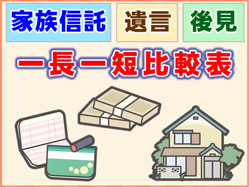 家族信託・遺言・後見　一長一短比較表