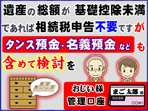 遺産の相続が基礎控除額未満であれば相続税申告不要ですが、タンス預金・名義預金なども含めて検討を（名義預金：おじい様管理口座で名義だけ孫のまご太郎名義になっている）